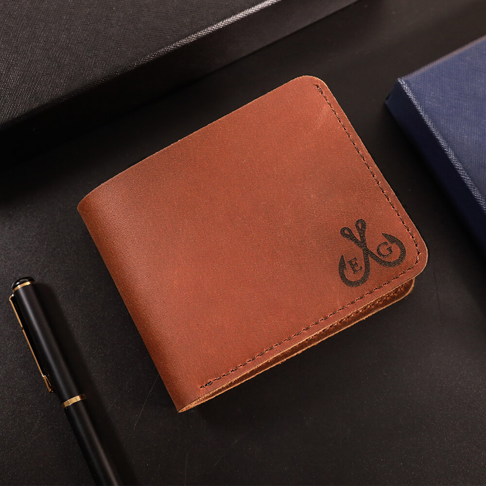 Personalized Engraved Fishing Hook Monogram Leather Wallet for Men