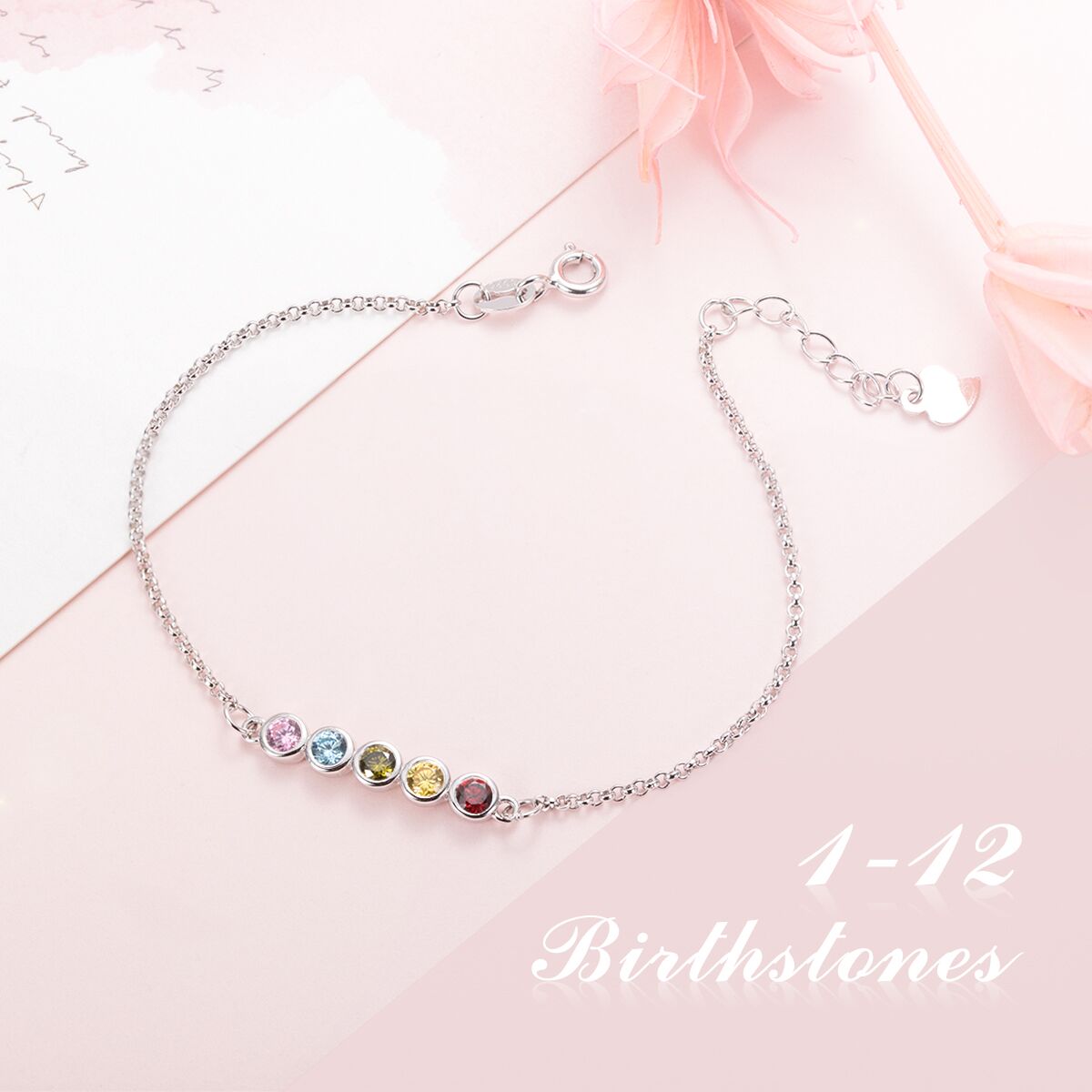 Mother's Bracelet - Personalised 1 to 12  Birthstones Bracelet in Sterling Silver