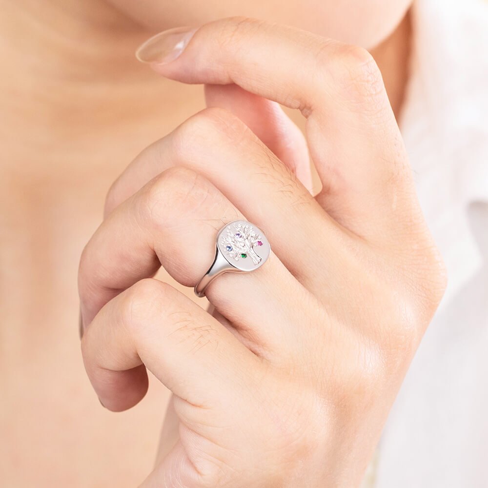 Custom Family Tree Birthstone Ring Engraved With 7 Names In 925 Sterling Silver Rose Gold-Personalised Leaf-Design Ring For Mother Grandma