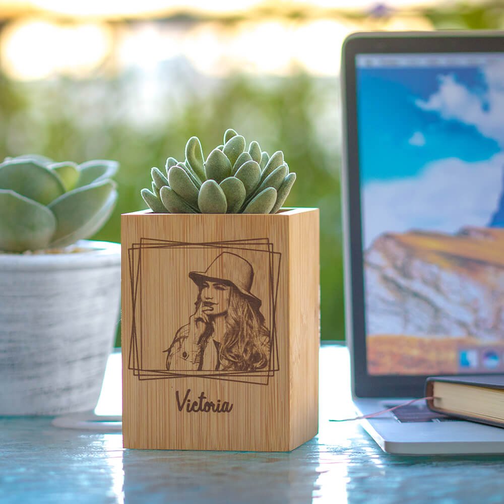 Personalized Photo Wooden Flower Pot with Name Housewarming Gift for Family Friend