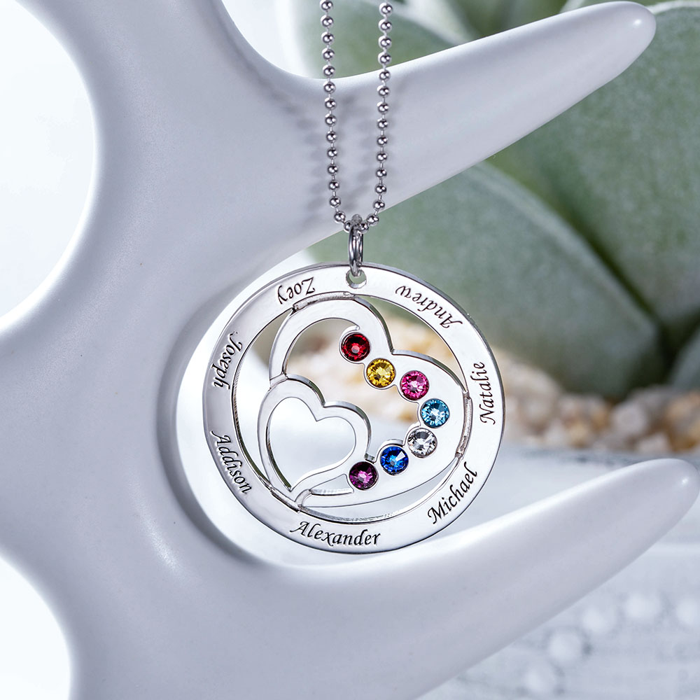 Mother's Heart in Heart Necklace With Children's Birthstones and Names