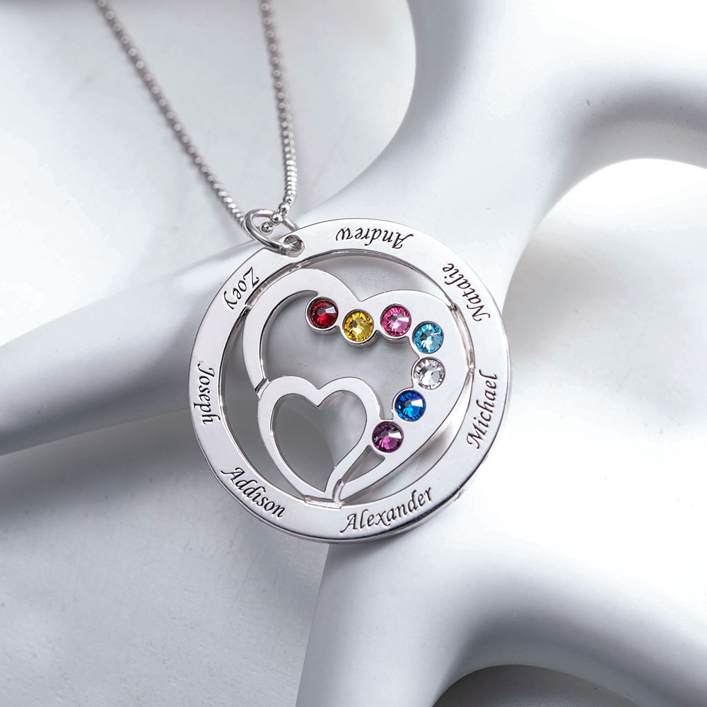 Mother's Heart in Heart Necklace With Children's Birthstones and Names