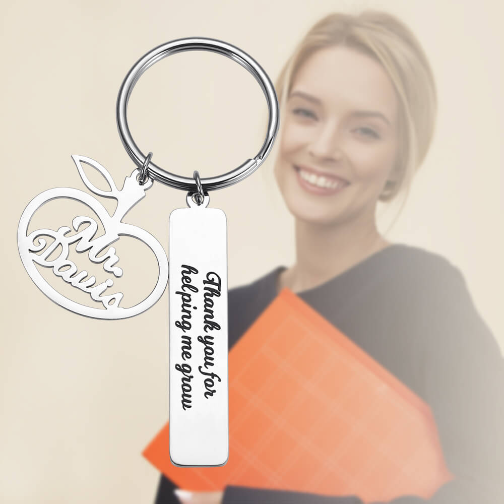 Personalized Apple Keychain with Engraved Bar Charm Teacher's Gift CALLIE