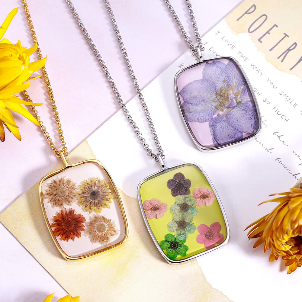 Dried Pressed Birth Month Flower Necklace with Back Engraving Birthday