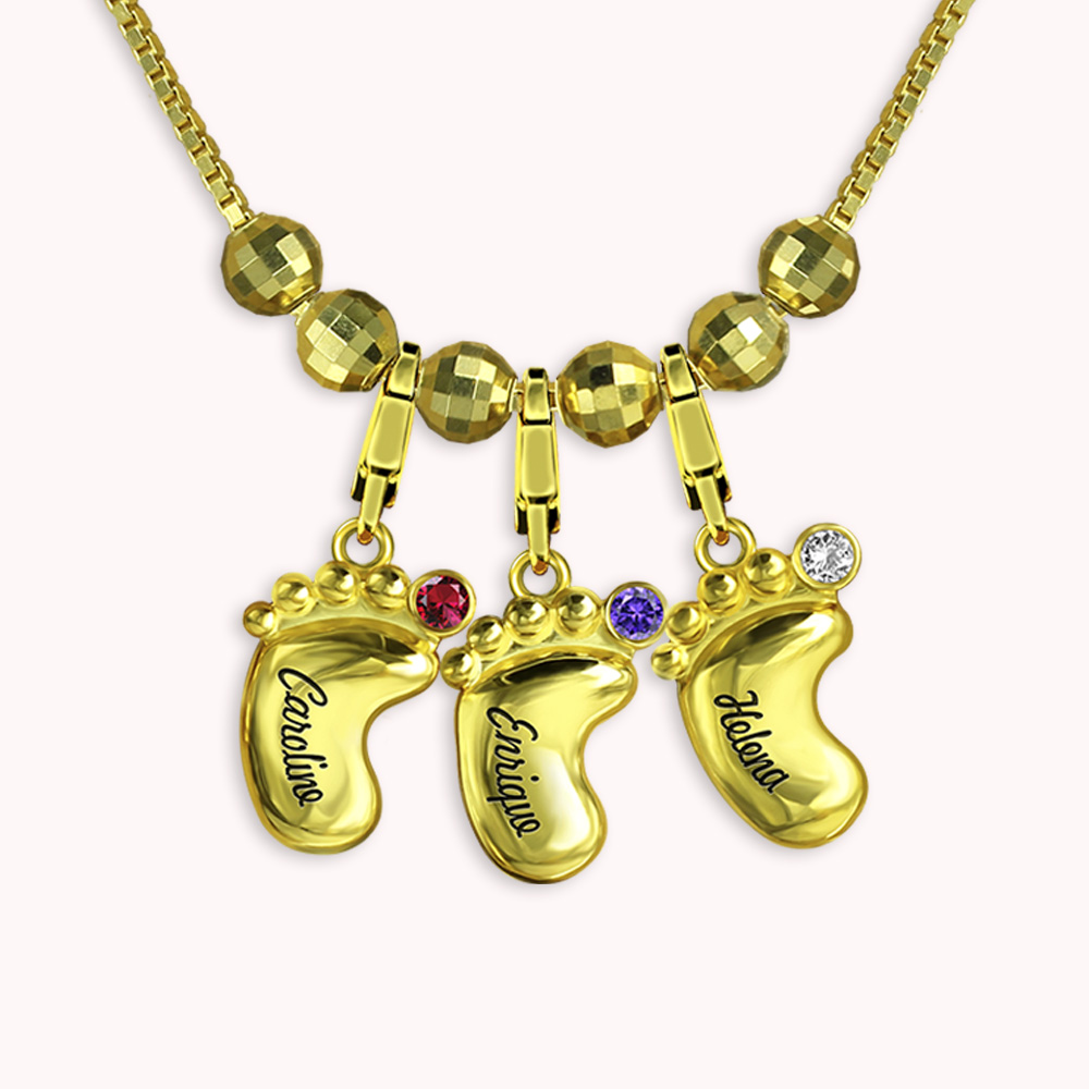 Collier Personnalisé avec Pieds des Bébés Noms des Enfants et Pierres de Naissance Cadeau Fête pour Mère