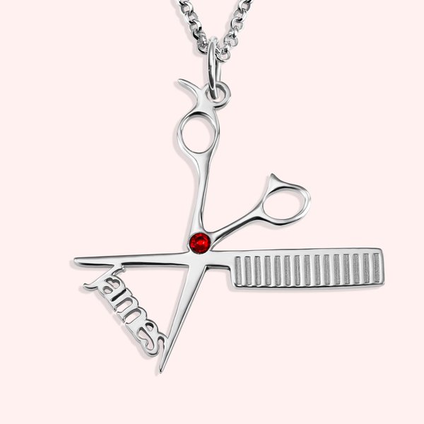 Collier Personnalisé avec Prénom et Pierre de Naissance Pendentif en Forme de Ciseaux Peigne Coiffure Cadeau pour Femme Coiffeuse