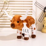 Personalized Longhorn Cow Plush Toy Furry Stuffed Animal Doll with Text Photo Ear Tag Birthday Gift for Kid Cow Lover