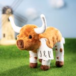 Personalized Longhorn Cow Plush Toy Furry Stuffed Animal Doll with Text Photo Ear Tag Birthday Gift for Kid Cow Lover