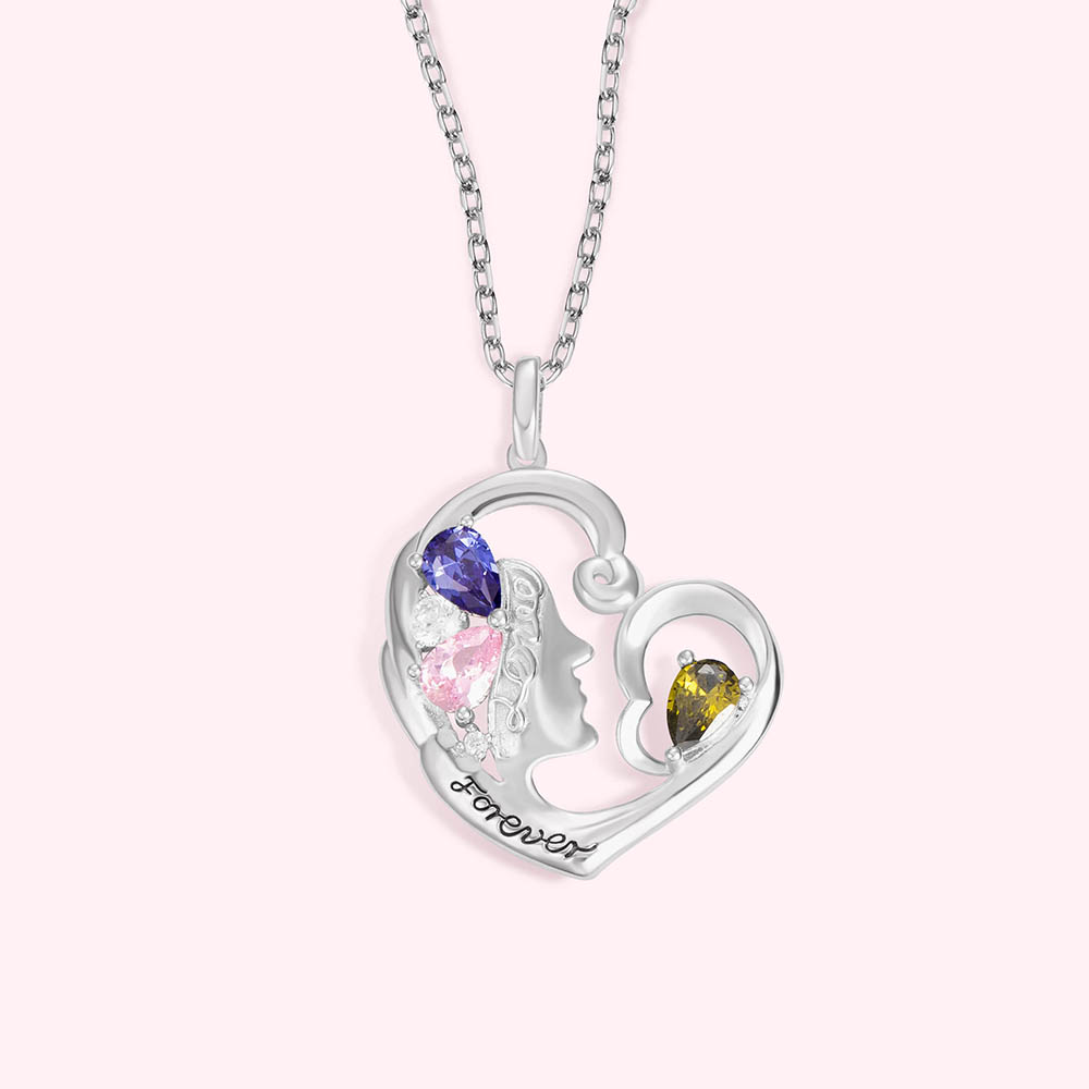 Collier Personnalisé avec Pierres de Naissance Pendentif Cœur Face Latérale Femme Cadeau Fête des Mères pour Maman