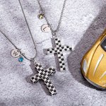 Custom Racing Black & White Checkered Flag Cross Necklace