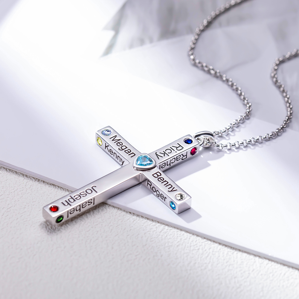 Personalized Cross Necklace for Men with Kid's Name & Birthstone CALLIE