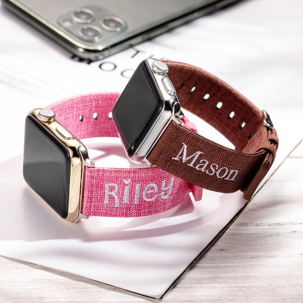 Personalizzato Retro ricamo nome Soft Canvas Quick Release Watch Band cinturino compatibile con Apple Watch regalo di compleanno per gli amici della famiglia