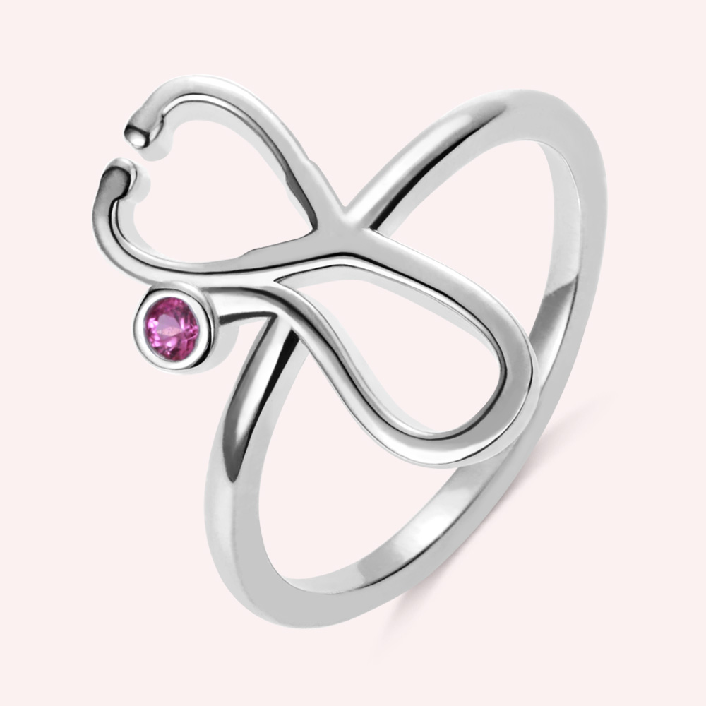 Personalized Stethoscope Birthstone Ring in Silver