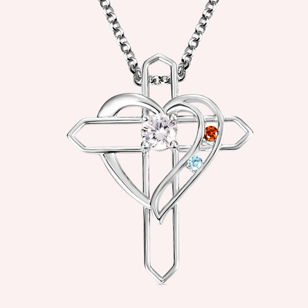 Collier Croix Personnalisé avec Pierres de Naissance Bijou Familial Forme Coeur Cadeau Anniversaire Fête