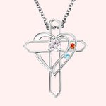 Collier Croix Personnalisé avec Pierres de Naissance Bijou Familial Forme Coeur Cadeau Anniversaire Fête