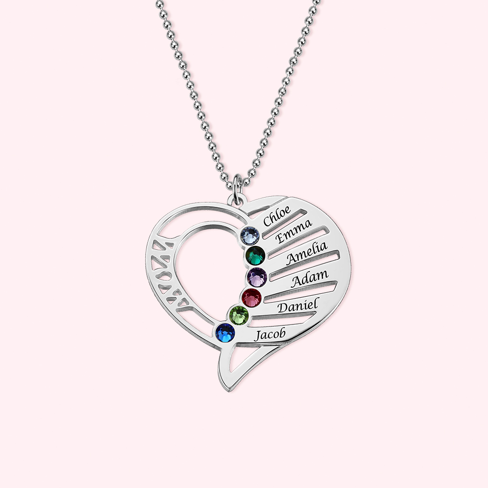Collier pour Maman Personnalisé avec Pierre de Naissance et 1-6 Prénoms des Enfants Cadeau Fête des Mères