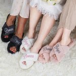 Personalized Bride Bridesmaid Cross Band Fluffy Slide Slippers with Name Bachelorette Hen Party Bridal Shower Weeding Gift for Women