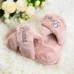 Personalized Bride Bridesmaid Cross Band Fluffy Slide Slippers with Name Bachelorette Hen Party Bridal Shower Weeding Gift for Women