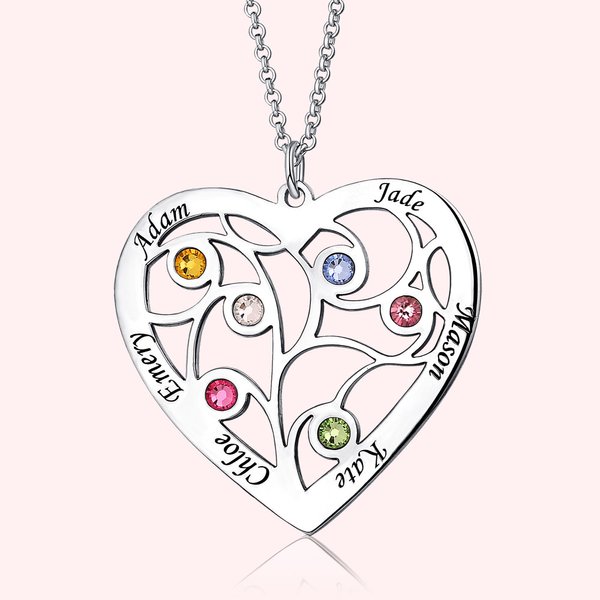 Collier Arbre de Vie à Graver Personnaliser avec Prénom Pierre de Naissance Pendentif Cœur Cadeau Anniversaire Fête des Mères