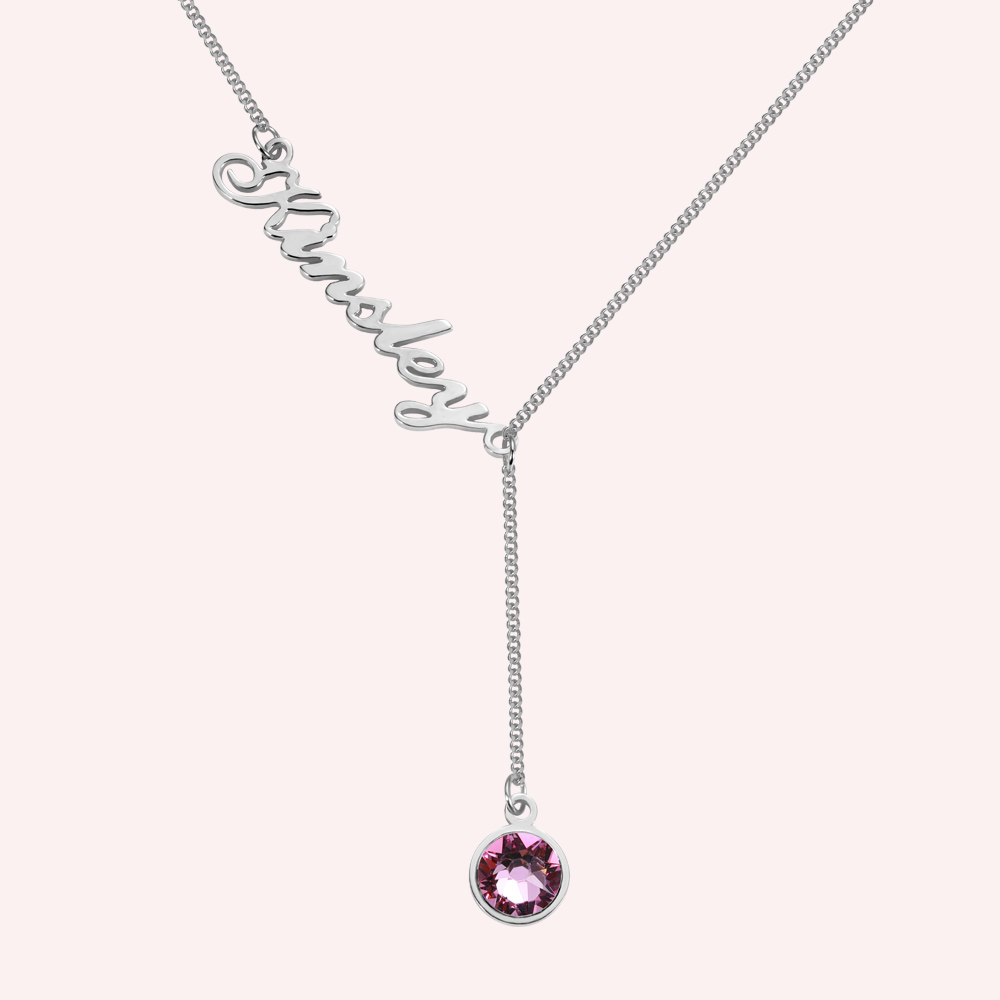 Collier Y Simple avec Prénom & Pierre de Naissance Personnalisé