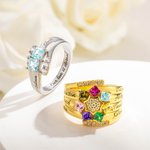 Bague Personnalisée avec 1-9 Pierres de Naissance Carées et Noms Gravés Bijoux d'Argent pour Famille Couple Cadeau Anniversaire Fête