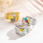 Bague Personnalisée avec 1-9 Pierres de Naissance Carées et Noms Gravés Bijoux d'Argent pour Famille Couple Cadeau Anniversaire Fête