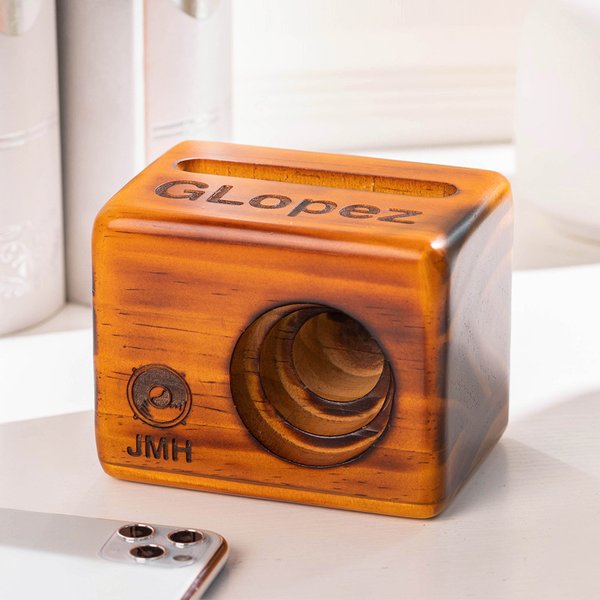 Personalisierte Retro Holz Telefonhalter Lautsprecher mit eingraviertem Text und Logo Handy-Zubehör Geburtstag Geschenk für Musikliebhaber