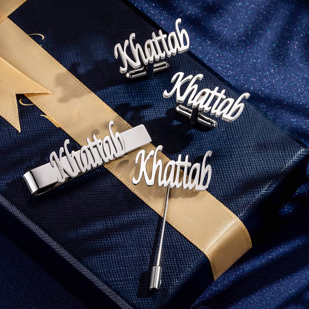 personalised cufflinks and tie pin set