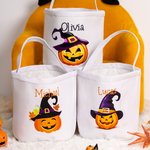 Personlig Pumpa Häxhatt Design Hink med Namn Halloween Bus eller Godis Present till Barn