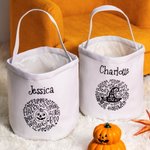 Personlig Pumpa Häxhatt Design Hink med Namn Halloween Bus eller Godis Present till Barn