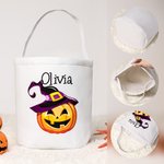 Personlig Pumpa Häxhatt Design Hink med Namn Halloween Bus eller Godis Present till Barn