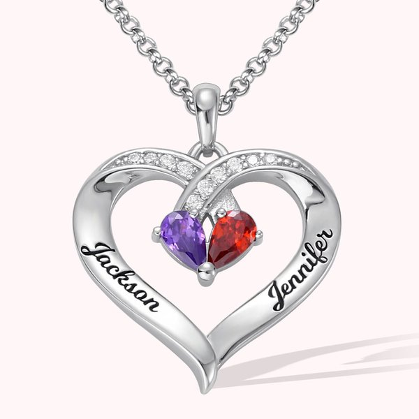 Personalised Forever Together Heart Pendant Sterling Silver Necklace with Double Birthstones and Engraved Names Valentine's Day Gift for Women