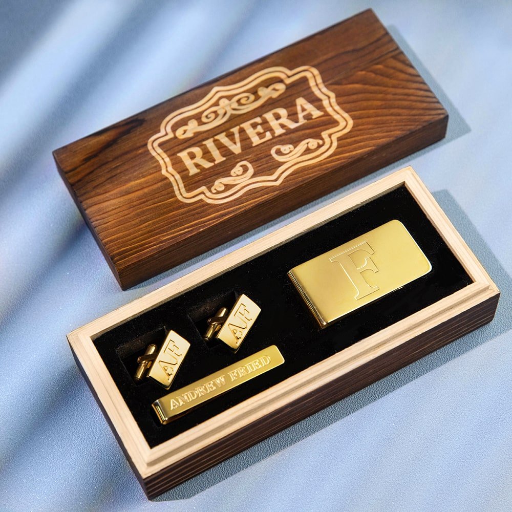 Set di gemelli e fermasoldi e fermacravatte da uomo personalizzati con scatola di legno