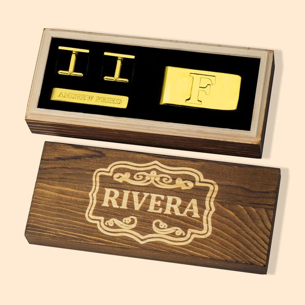 Set di gemelli e fermasoldi e fermacravatte da uomo personalizzati con scatola di legno