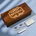 Custom Men Cufflinks & Money Clip & Tie Clip Set with Wooden Box