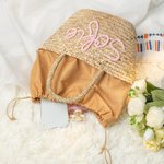 Personalized Handmade Bohemian Straw Drawstring Bucket Bag with Name Travel Beach Wedding Party Gift for Women