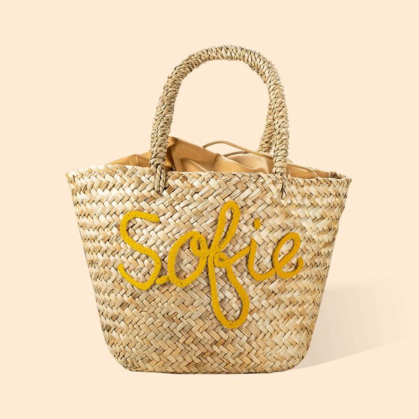 Handmade Straw Drawstring Bucket Bag with Name