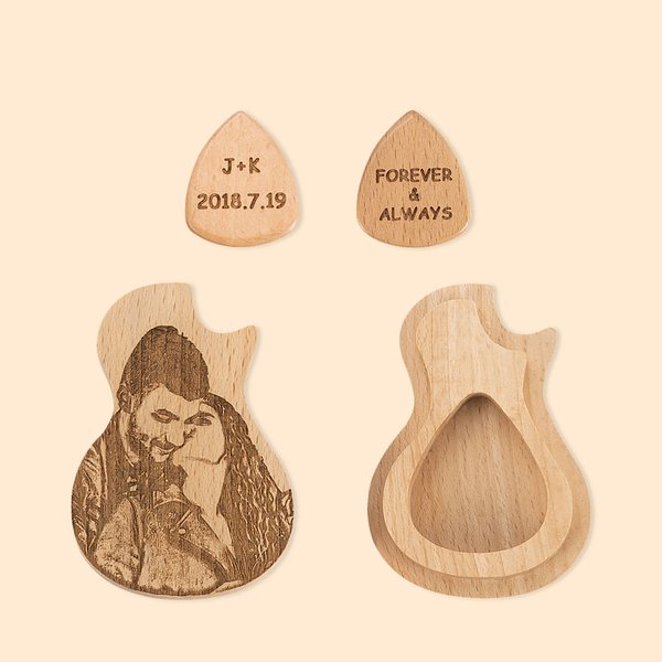 Plettri per chitarra personalizzati con foto in legno e custodia in legno