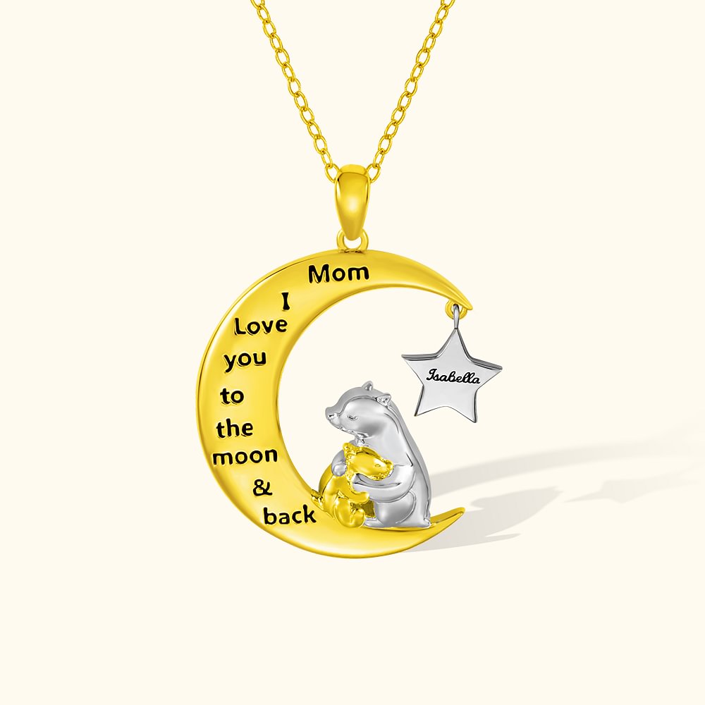 Collier avec Message Prénom Gravure Personnalisés Pendentif Lune Étoile Ours à Thème d'Amour Maternel Cadeau Fête des Mères pour Femme