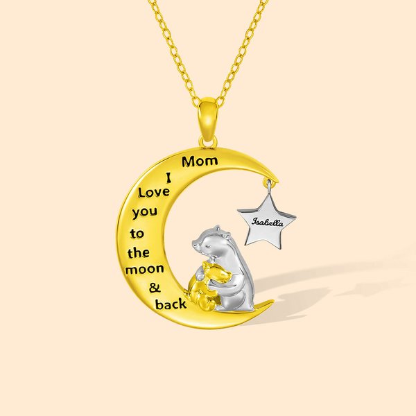 Collier avec Message Prénom Gravure Personnalisés Pendentif Lune Étoile Ours à Thème d'Amour Maternel Cadeau Fête des Mères pour Femme