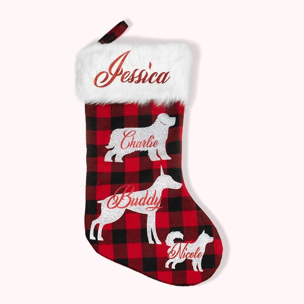 Customized Pet Silhouette Red Plaid Christmas Stocking