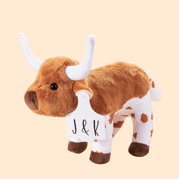 Longhorn Cow Plush Toy with Text Photo Ear Tag