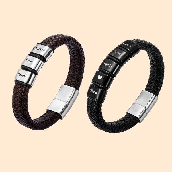 Men's Braided Leather Bracelet with 1-8 Engraved Name Beads Family Name Jewellery Gift for Men Dad