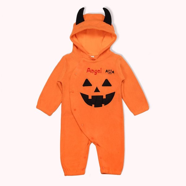 Custom Embroidered Halloween Pumpkin Color Toddler Hooded Jumpsuit
