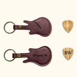 Personalised Engraved Wooden Guitar Pick Leather Guitar Shaped Case Keychain with Text Birthday Christmas Gift for Guitar Player Musician