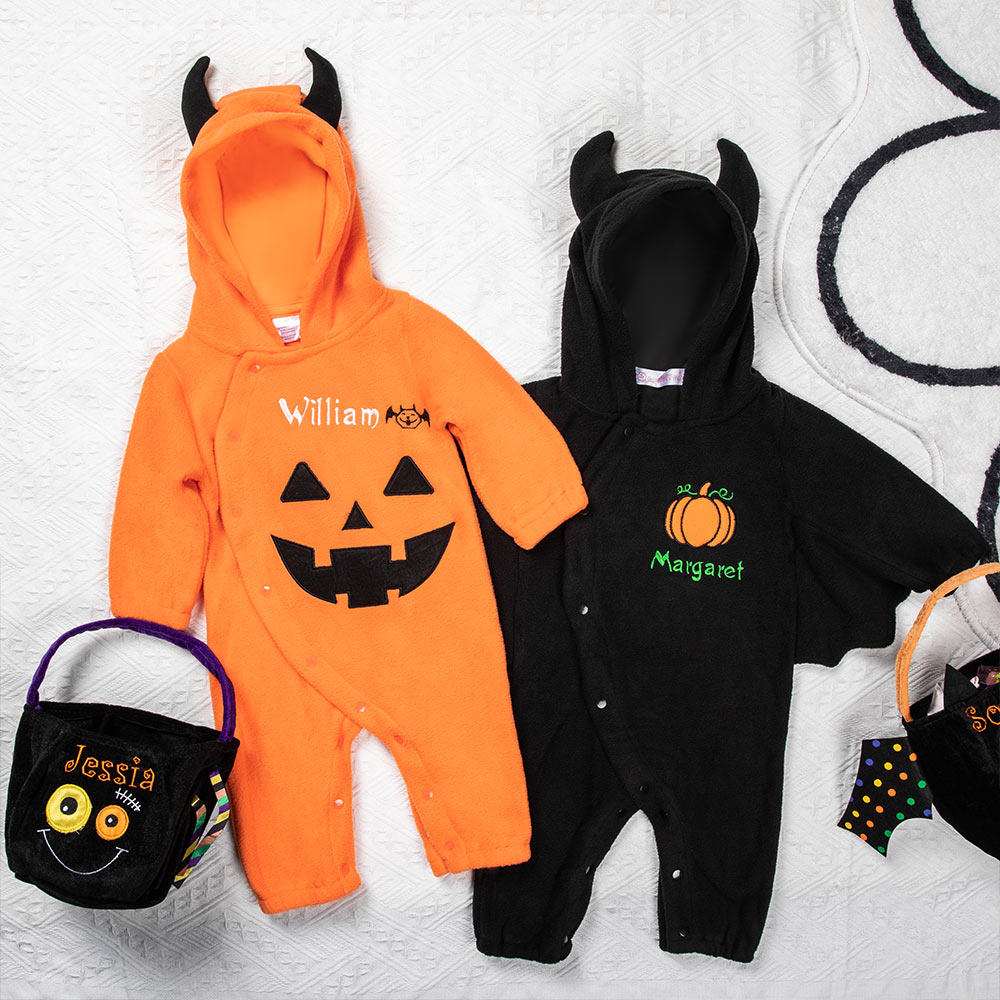Custom Embroidered Halloween Pumpkin Color Toddler Hooded Jumpsuit - CALLIE