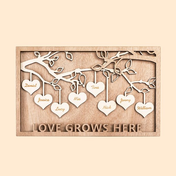 Personalised Wood Hanging 1-12 Hearts Family Tree with Engraved Name and Text Home Decor Christmas Gift for Family