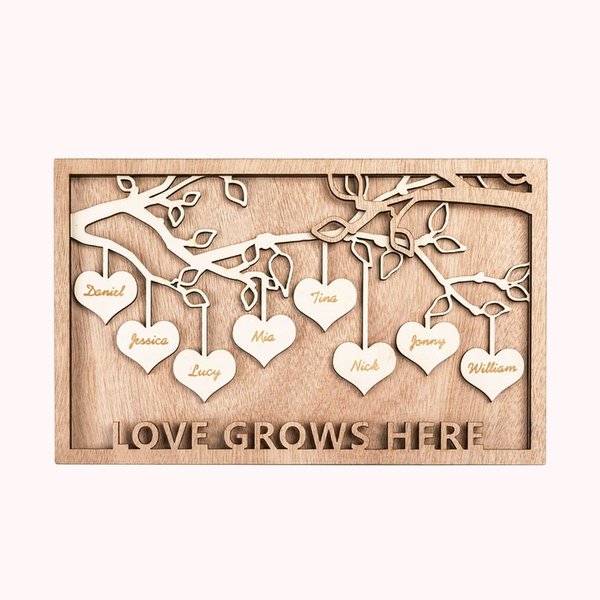 Tableau de Décoration en Bois Thème Arbre Généalogique Logo Coeur Décor de la Maison Personnalisé avec Nom Cadeau pour Famille
