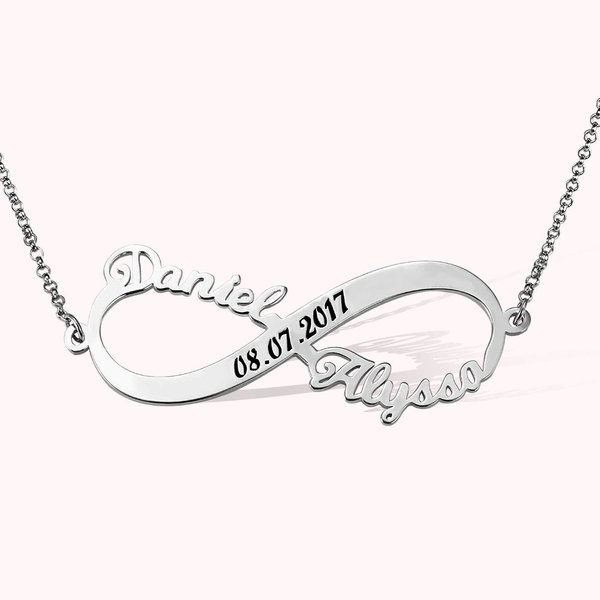 Collier Personnalisé Prénom Symbole de l'Infini Bijoux Argent Sterling avec 2 Noms et Date Cadeau Anniversaire St Valentin pour Couple Petit Ami