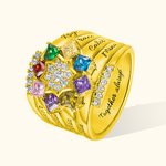 Bague Personnalisée avec 1-9 Pierres de Naissance Carées et Noms Gravés Bijoux d'Argent pour Famille Couple Cadeau Anniversaire Fête